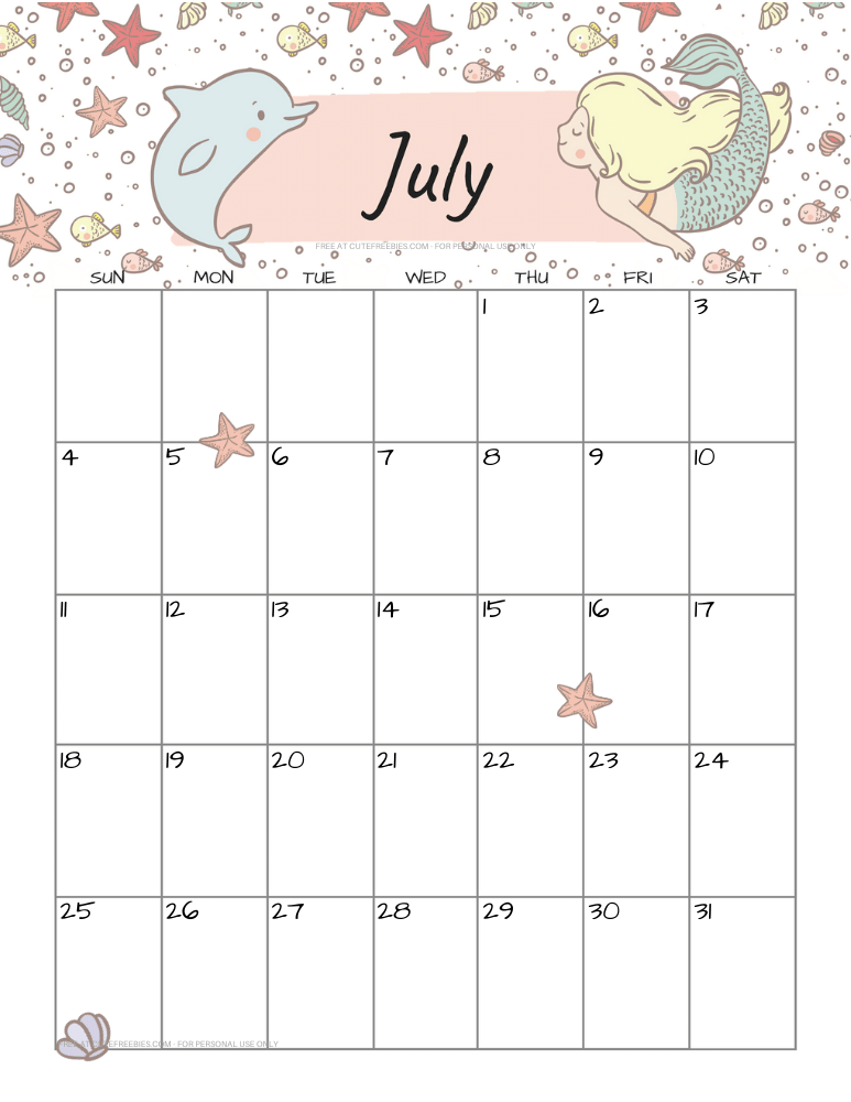 July 2021 calendar with cute mermaid #cutefreebiesforyou #mermaid #freeprintable