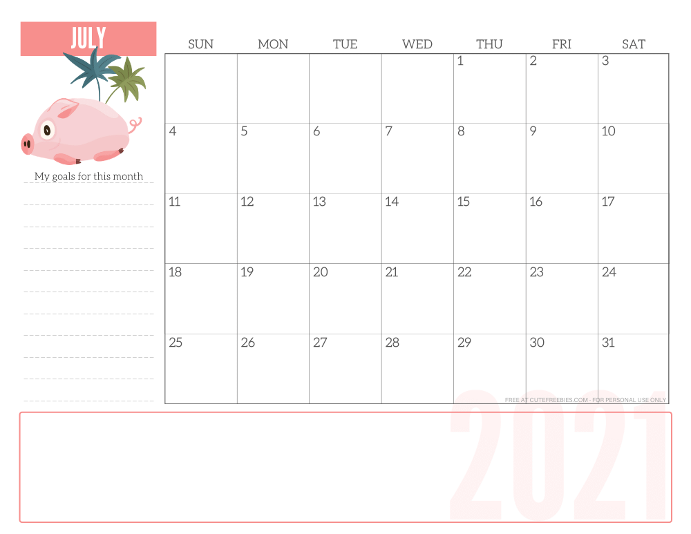 JULY 2021 CUTE monthly planner - free printable 2021 monthly calendar pink pig #printablesandinspirations #freeprintable SEE PREVIOUS POST TO DOWNLOAD THE PDF