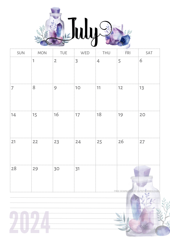 July 2024 calendar - free printable monthly calendar with purple crystals (SEE PREVIOUS POST TO DOWNLOAD THE COMPLETE 2024 CALENDAR)
