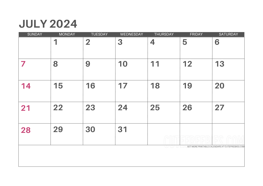 July 2024 calendar - free printable monthly planner #cutefreebiesforyou - SEE PREVIOUS POST TO DOWNLOAD THE COMPLETE 2024 CALENDAR