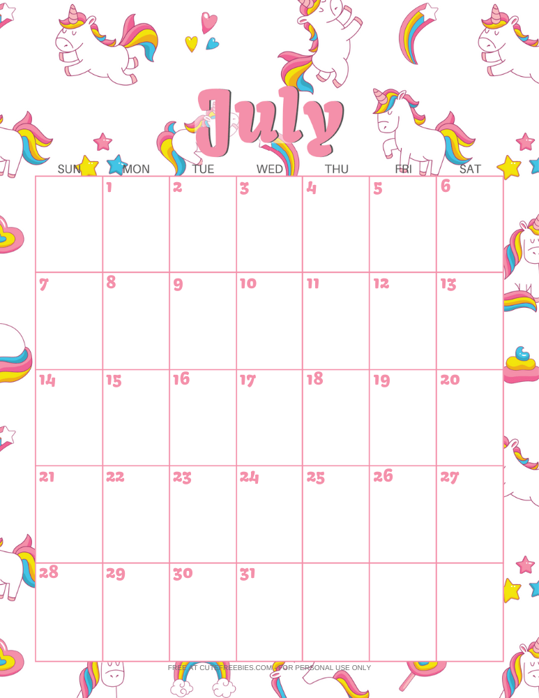 July 2024 calendar with unicorns #unicorn #freeprintable #cutefreebiesforyou
