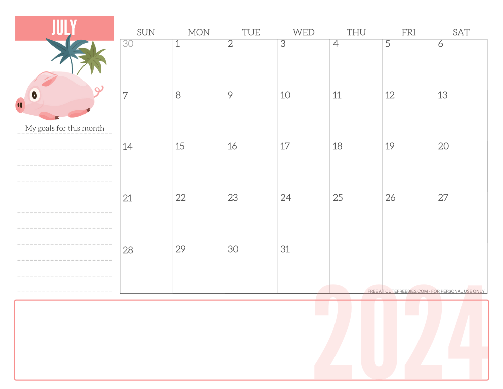 JULY 2024 CUTE monthly planner - free printable 2024 monthly calendar pink pig #printablesandinspirations #freeprintable SEE PREVIOUS POST TO DOWNLOAD THE COMPLETE 2024 CALENDAR
