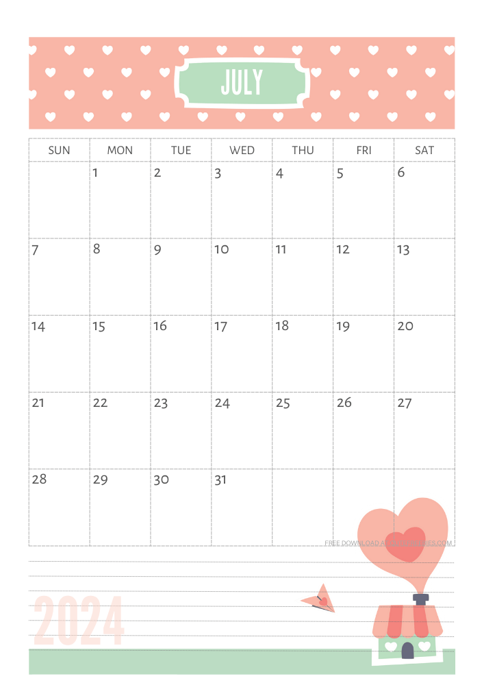 July 2024 Cute calendar free printable - SEE PREVIOUS POST TO DOWNLOAD THE COMPLETE 2024 CALENDAR