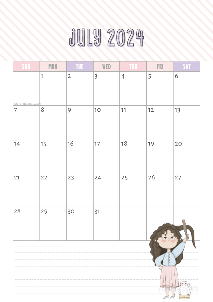 July 2024 cute cat calendar free printable #cutefreebiesforyou - SEE PREVIOUS POST TO DOWNLOAD THE COMPLETE 2024 CALENDAR