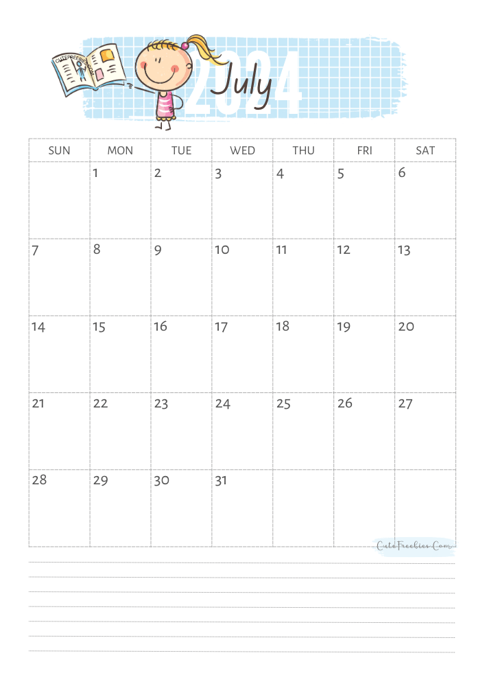July 2024 cute calendar for kids - free printable monthly planner #cutefreebiesforyou - SEE PREVIOUS POST TO DOWNLOAD THE COMPLETE 2024 CALENDAR