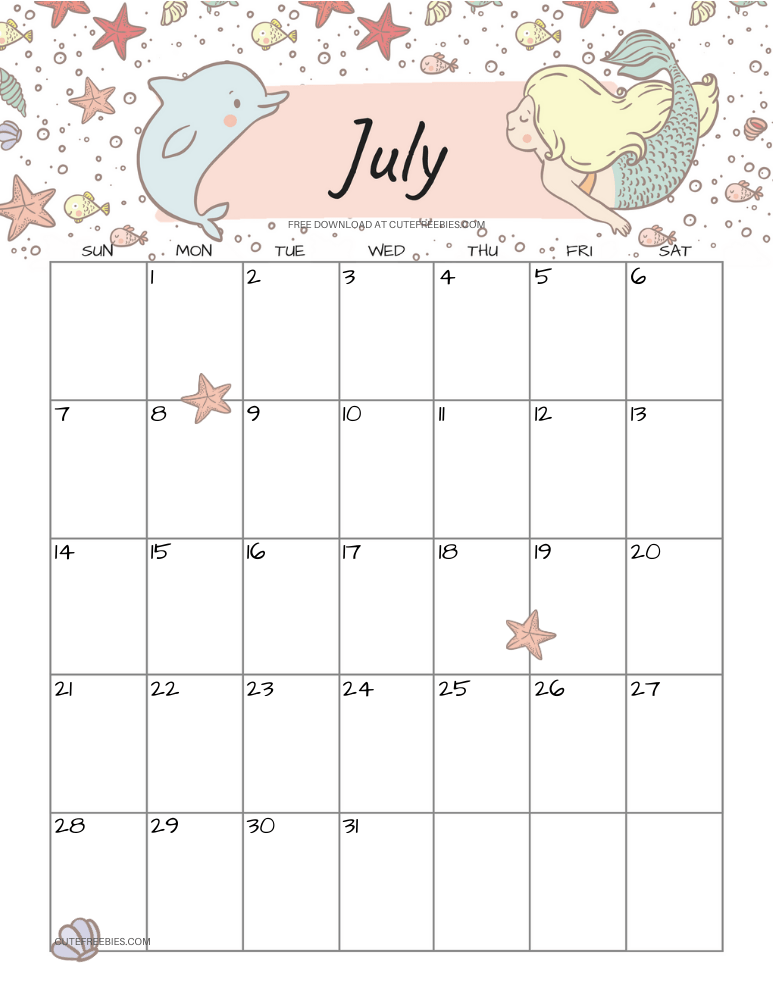 July 2024 monthly calendar with cute mermaid #cutefreebiesforyou #mermaid #freeprintable SEE PREVIOUS POST TO DOWNLOAD THE COMPLETE 2024 CALENDAR