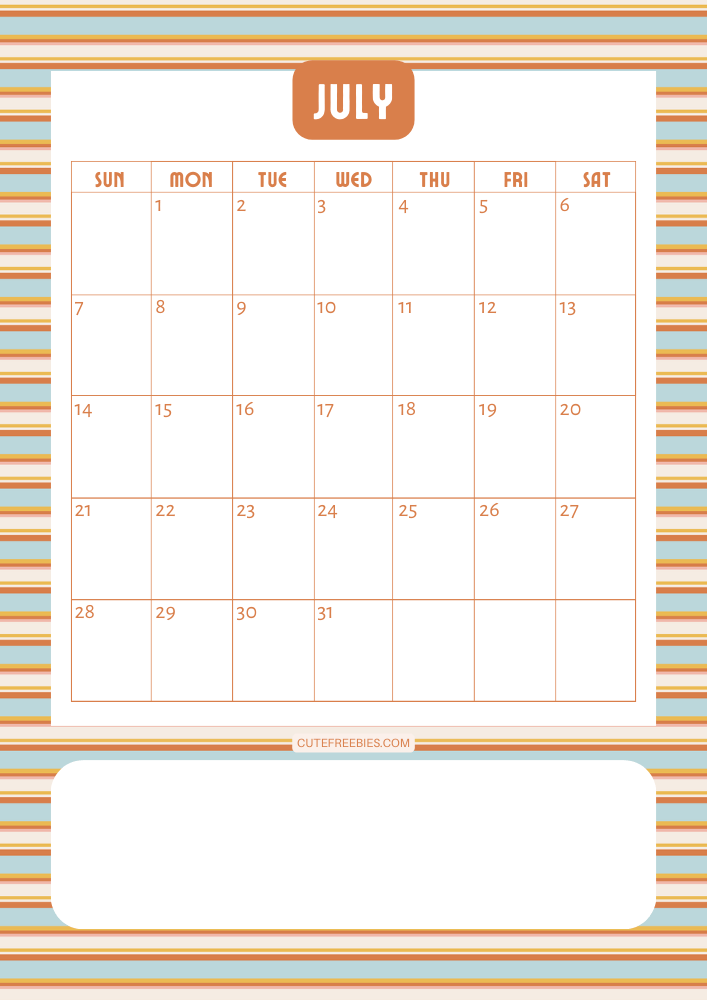 July 2024 Retro design calendar free printable cutefreebiesforyou - SEE PREVIOUS POST TO DOWNLOAD THE COMPLETE 2024 CALENDAR