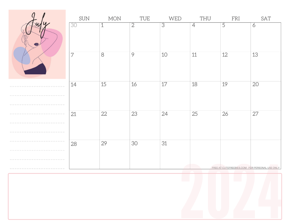 JULY 2024 line art calendar for women - free printable monthly planner - CLICK PREVIOUS POST TO DOWNLOAD THE COMPLETE 2024 CALENDAR