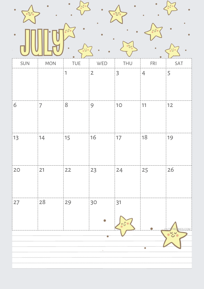 July 2025 Yellow stars calendar free printable - SEE PREVIOUS POST TO DOWNLOAD THE COMPLETE 2025 CALENDAR
