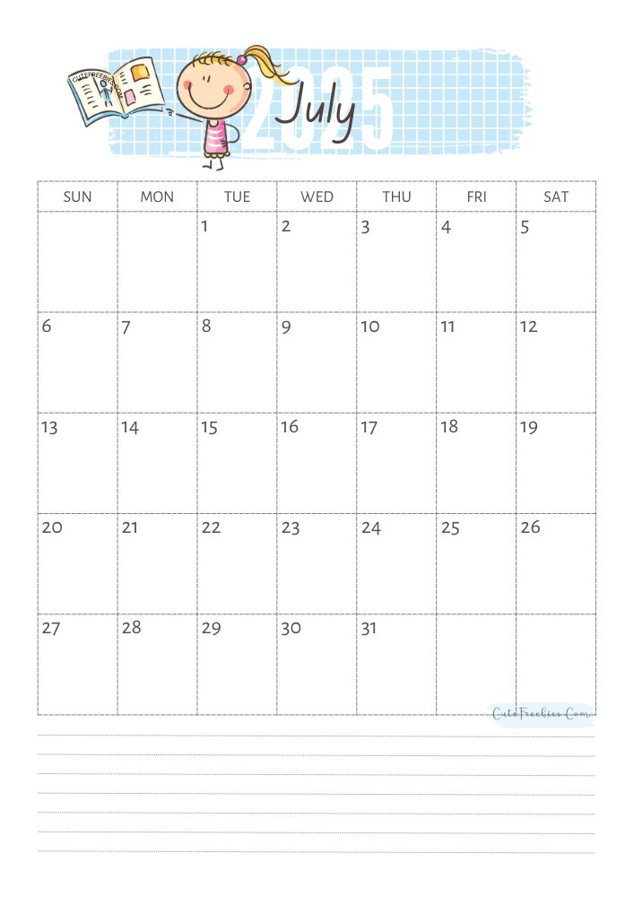 July 2025 cute calendar for kids - free printable monthly planner #cutefreebiesforyou - SEE PREVIOUS POST TO DOWNLOAD THE COMPLETE 2025 CALENDAR