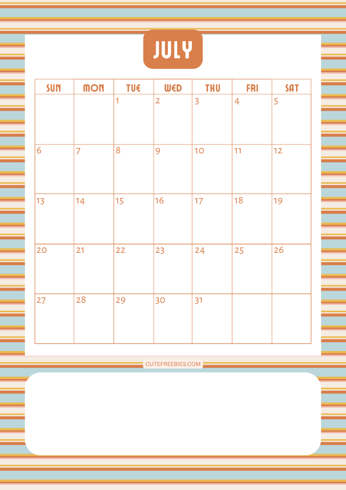 July 2025 colorful retro calendar free printable cutefreebiesforyou - SEE PREVIOUS POST TO DOWNLOAD THE COMPLETE 2025 CALENDAR