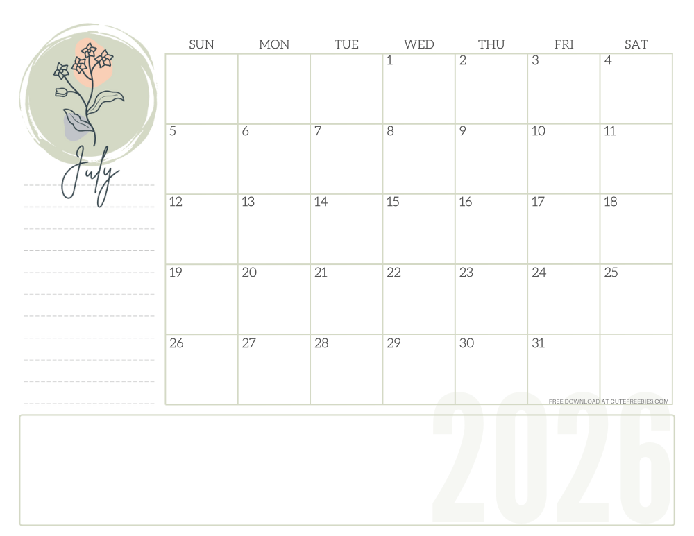 July 2026 minimalist floral aesthetic calendar - simple floral line design #cutefreebiesforyou #freeprintable SEE PREVIOUS POST TO DOWNLOAD THE COMPLETE 2026 CALENDAR
