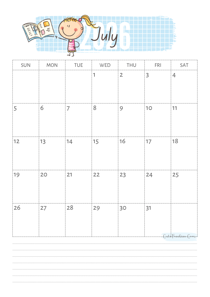 July 2026 cute calendar for kids - free printable monthly planner #cutefreebiesforyou - SEE PREVIOUS POST TO DOWNLOAD THE COMPLETE 2026 CALENDAR