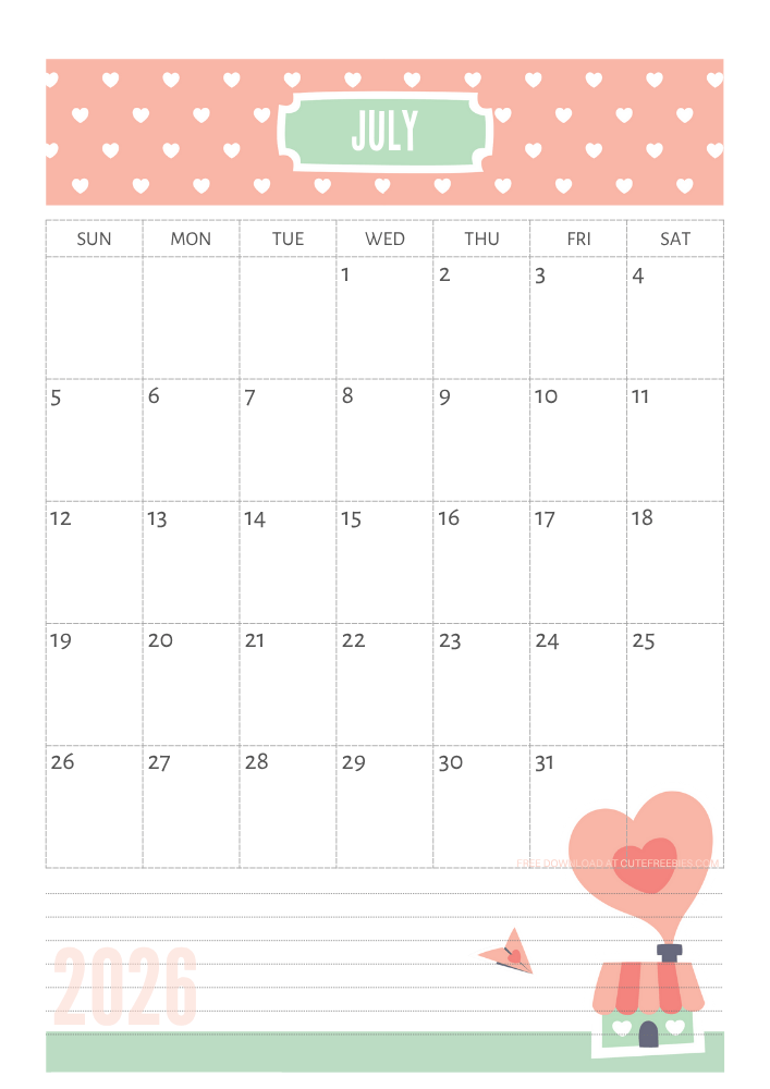 July 2026 Cute calendar free printable - SEE PREVIOUS POST TO DOWNLOAD THE COMPLETE 2026 CALENDAR