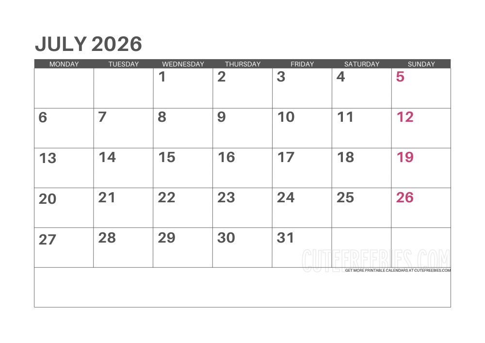 July 2026 Monday calendar free printable monthly planner #cutefreebiesforyou - SEE PREVIOUS POST TO DOWNLOAD THE COMPLETE 2026 CALENDAR PLANNER