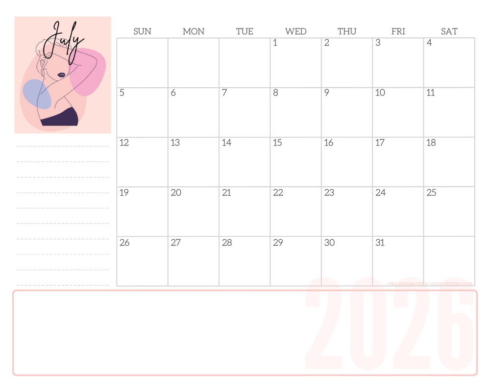 July 2026 line art calendar for women - free printable monthly planner - CLICK PREVIOUS POST TO DOWNLOAD THE COMPLETE 2026 CALENDAR