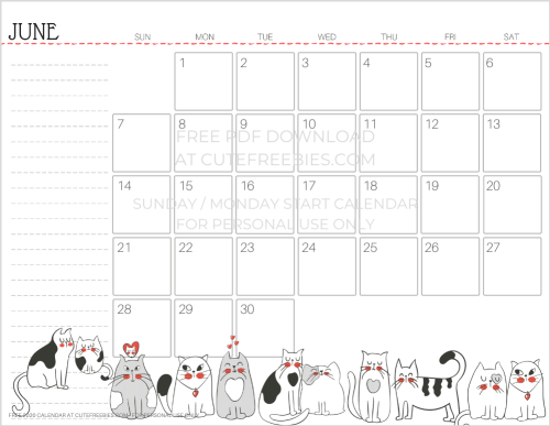June 2020 calendar free printable #cutefreebiesforyou #cats