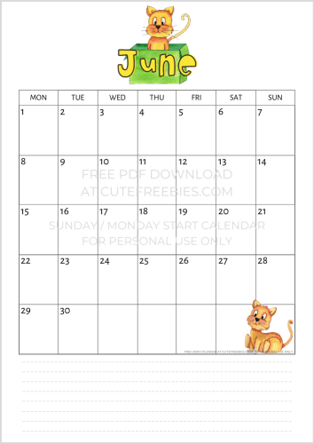 June 2020 calendar free printable #cutefreebiesforyou #cats