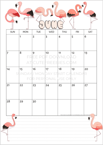 June 2020 calendar free printable #cutefreebiesforyou #flamingo