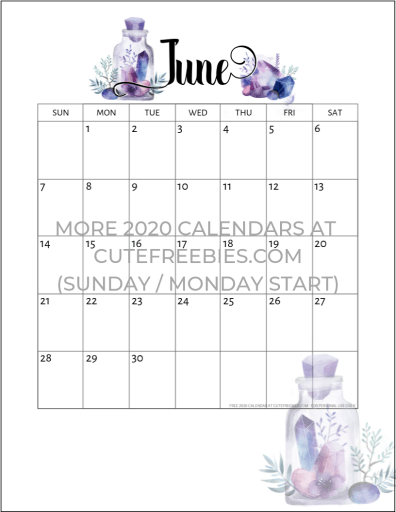 June 2020 Calendar Free Printable - Monthly planner printable with crystal gems. A4 A5 and US Letter size. Free pdf download now! #cutefreebiesforyou #freeprintable #crystals #bujomonthly #gems