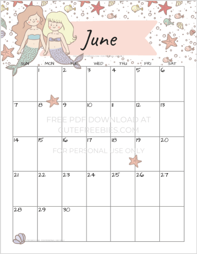June 2020 calendar free printable #cutefreebiesforyou #mermaid