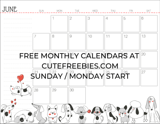 June 2020 Calendar Planner - Free Printable #cutefreebiesforyou #cutedogs #freeprintable