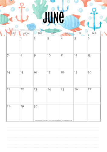 June 2020 calendar free printable - sea theme #cutefreebiesforyou