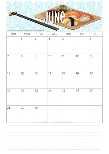 June 2020 calendar free printable - sushi theme #cutefreebiesforyou