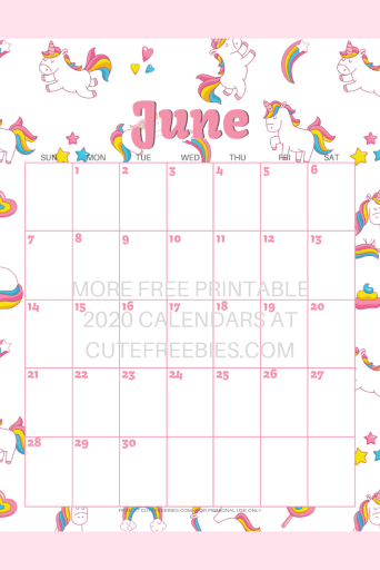 June 2020 calendar with unicorns #unicorn #freeprintable #cutefreebiesforyou