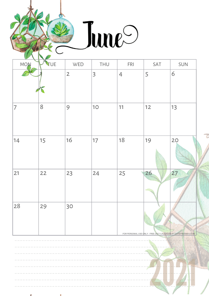 Free printable June 2021 calendar with plants - CLICK PREVIOUS POST to download the PDF
