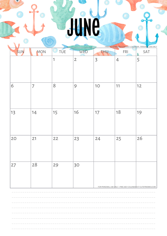June 2021 Monthly calendar - sea themed #cutefreebiesforyou #freeprintable