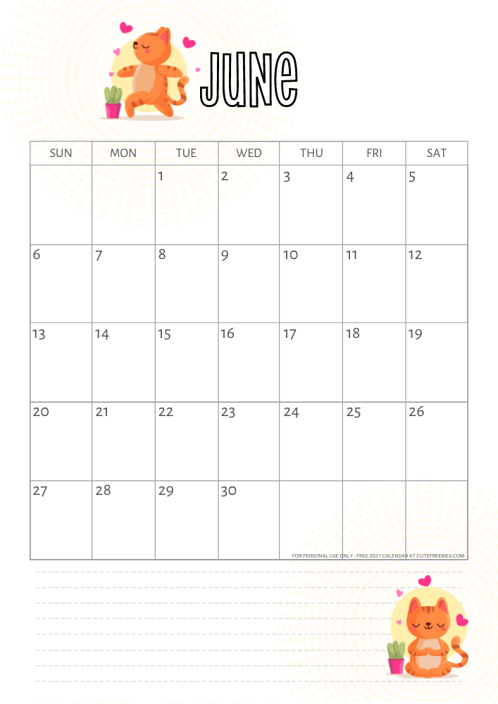 June 2021 calendar yoga cat free printable #cutefreebiesforyou - SEE PREVIOUS POST TO DOWNLOAD THE FREE PDF FILE