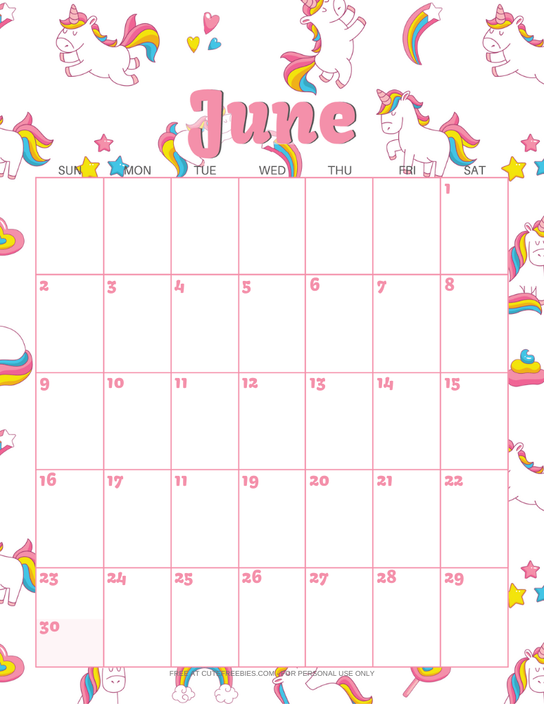 June 2024 calendar with unicorns #unicorn #freeprintable #cutefreebiesforyou