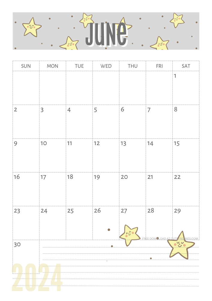 June 2024 Yellow stars calendar free printable - SEE PREVIOUS POST TO DOWNLOAD THE COMPLETE 2024 CALENDAR
