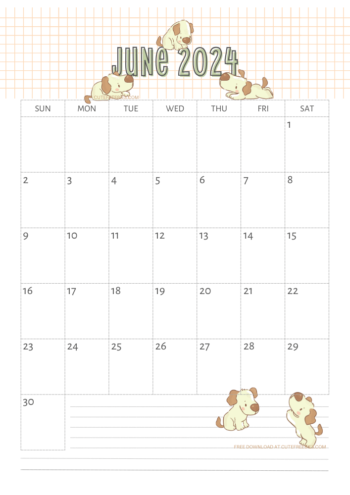 June 2024 calendar for kids cute dogs free printable #cutefreebiesforyou SEE PREVIOUS POST TO DOWNLOAD THE COMPLETE 2024 CALENDAR