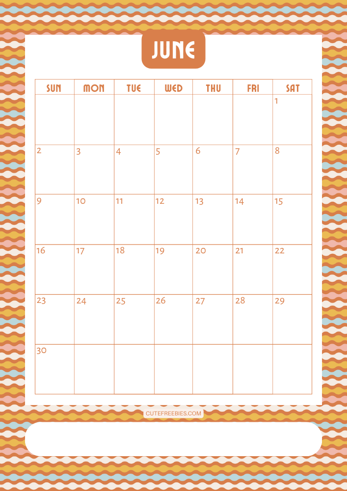 June 2024 Retro design calendar free printable cutefreebiesforyou - SEE PREVIOUS POST TO DOWNLOAD THE COMPLETE 2024 CALENDAR