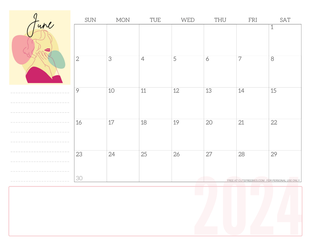 JUNE 2024 line art calendar for women - free printable monthly planner - CLICK PREVIOUS POST TO DOWNLOAD THE COMPLETE 2024 CALENDAR