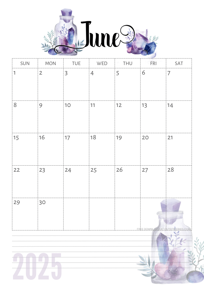 June 2025 calendar - free printable monthly calendar with purple crystals (SEE PREVIOUS POST TO DOWNLOAD THE COMPLETE 2025 CALENDAR)