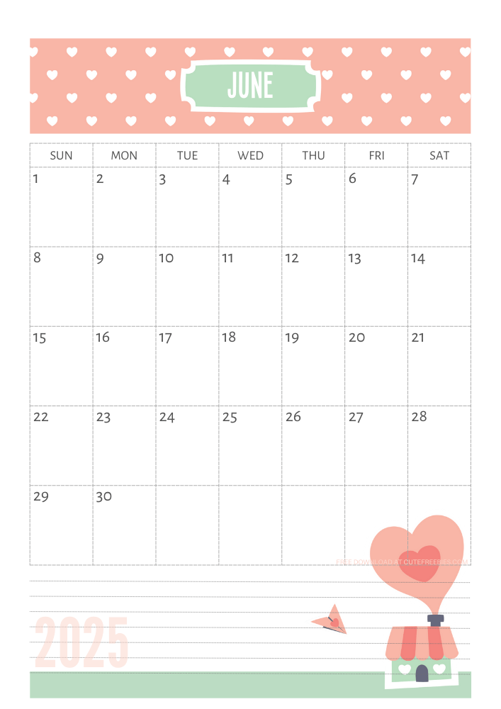 June 2025 Cute calendar free printable - SEE PREVIOUS POST TO DOWNLOAD THE COMPLETE 2025 CALENDAR