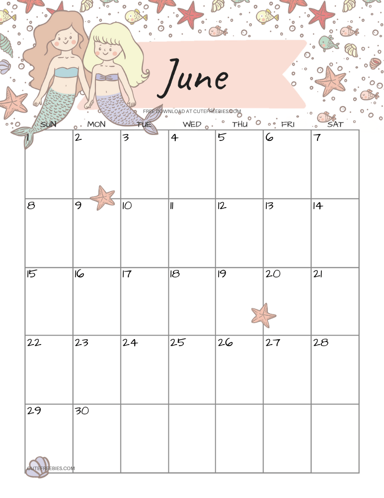 June 2025 monthly calendar with cute mermaid #cutefreebiesforyou #mermaid #freeprintable SEE PREVIOUS POST TO DOWNLOAD THE COMPLETE 2025 CALENDAR