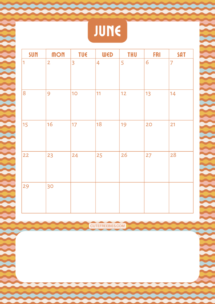 June 2025 colorful retro calendar free printable cutefreebiesforyou - SEE PREVIOUS POST TO DOWNLOAD THE COMPLETE 2025 CALENDAR