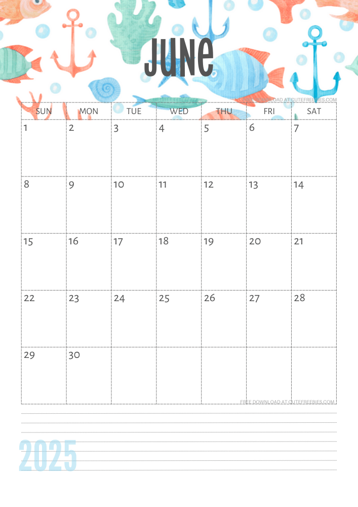 June 2025 Under the Sea themed calendar free printable - SEE PREVIOUS POST TO DOWNLOAD THE COMPLETE 2025 CALENDAR