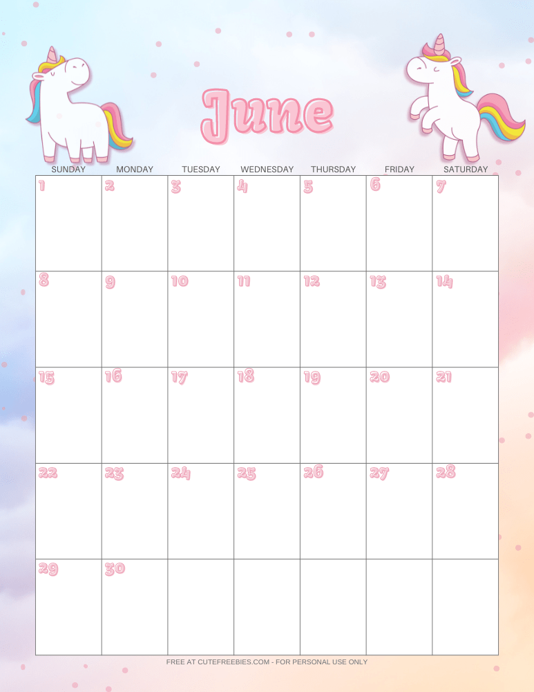 June 2025 calendar with unicorns #unicorn #freeprintable #cutefreebiesforyou #2025