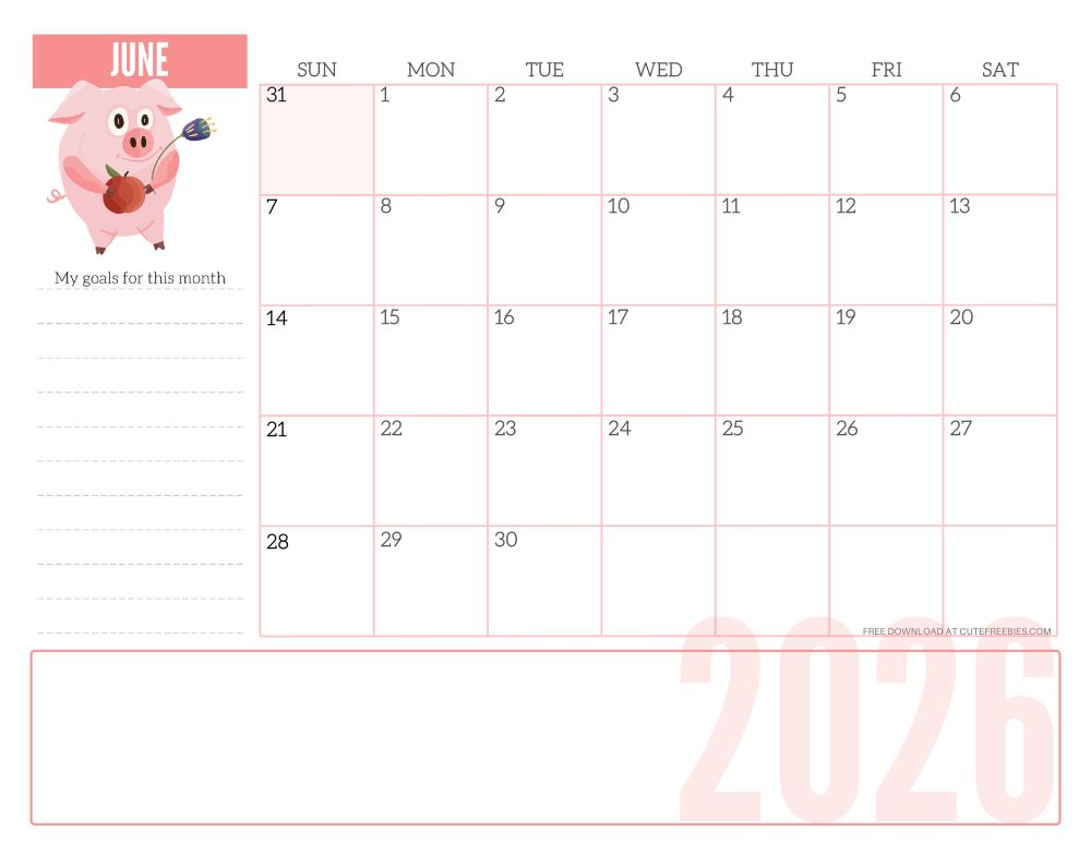 June 2026 CUTE monthly planner - free printable 2026 monthly calendar pink pig #printablesandinspirations #freeprintable SEE PREVIOUS POST TO DOWNLOAD THE COMPLETE 2026 CALENDAR