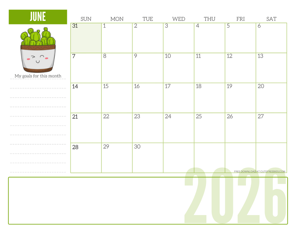 June 2026 cute monthly planner with plant - free printable 2025 cute calendar for plant lovers #freeprintable #cutefreebiesforyou SEE PREVIOUS POST TO DOWNLOAD THE COMPLETE 2026 CALENDAR #2026