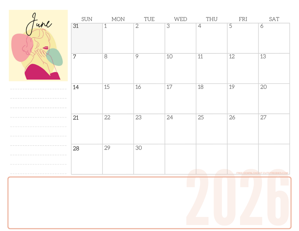 June 2026 line art calendar for women - free printable monthly planner - CLICK PREVIOUS POST TO DOWNLOAD THE COMPLETE 2026 CALENDAR