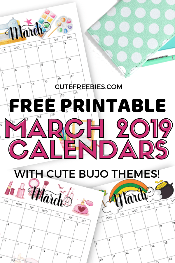 Free Printable March 2019 Calendar With Bullet Journal Themes - print on various paper sizes. #freeprintable #cutefreebiesforyou #bulletjournal #bujomonthly