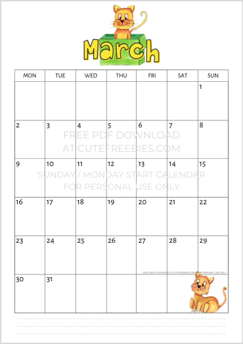 March 2020 calendar free printable with cute cats