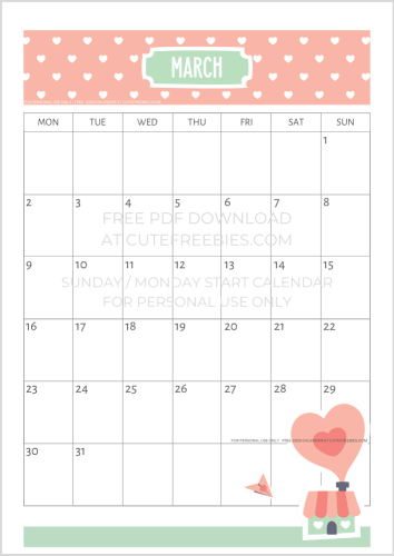 March 2020 calendar free printable with hearts