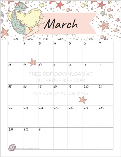March 2020 calendar free printable with mermaids
